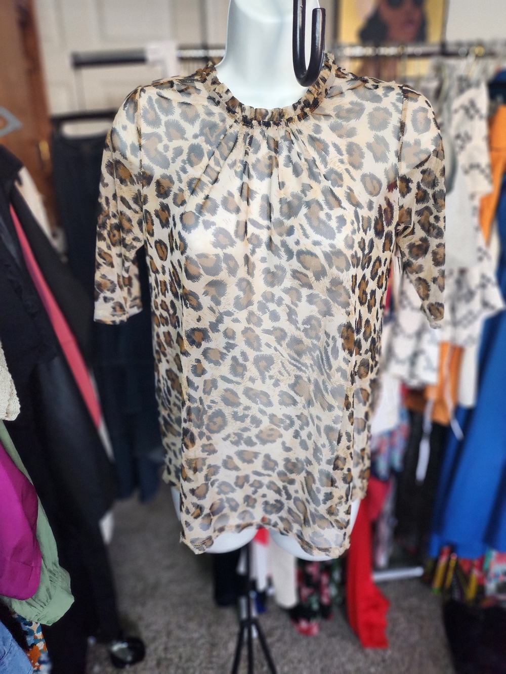 Leopard Print Sheer Short-Sleeve Top in Brown